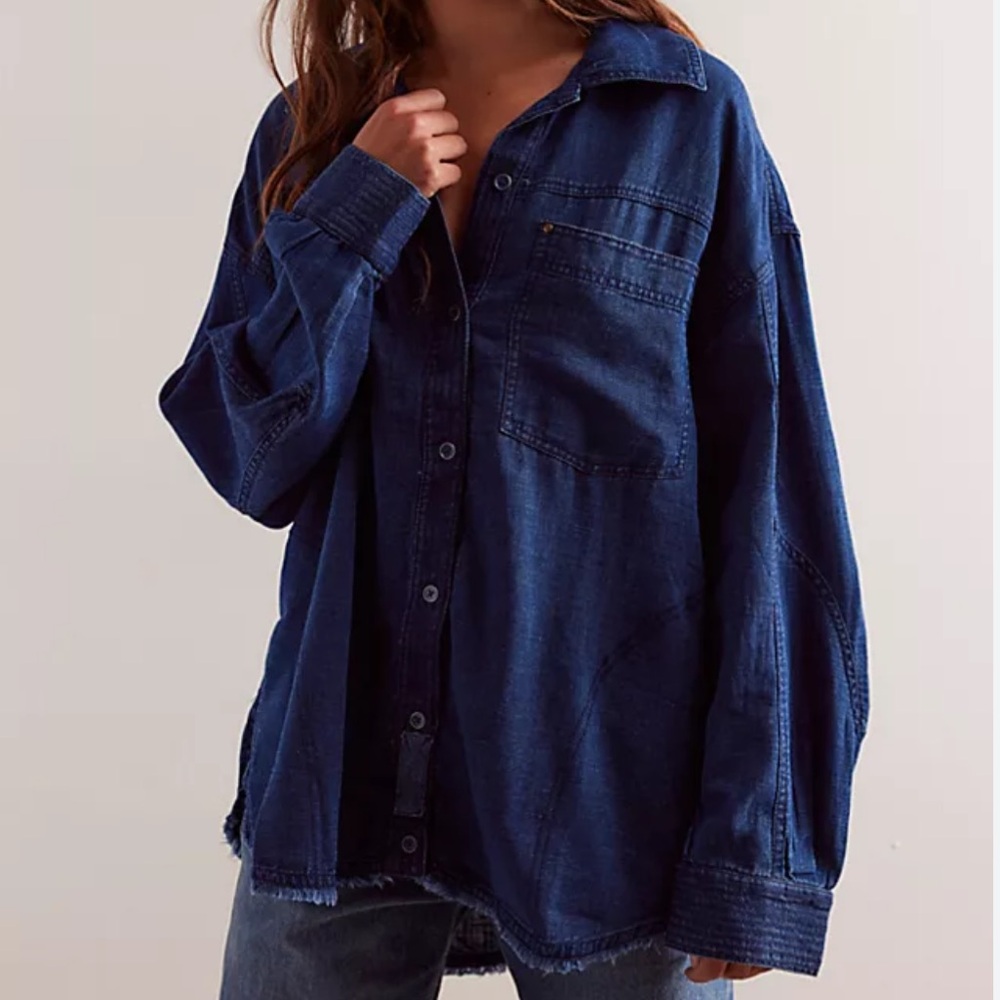 Free People Dark Indigo Denim Button-Down Shirt